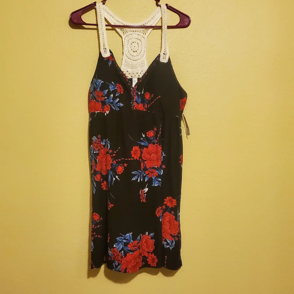 Black Floral Crochet-Back Summer Dress - Red & Blue Floral - Picture 1 of 5